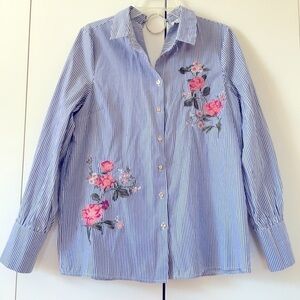 HAUTE MONDE Y2K Blue White Stripe Embroidered Floral Long Sleeve Button Up Shirt